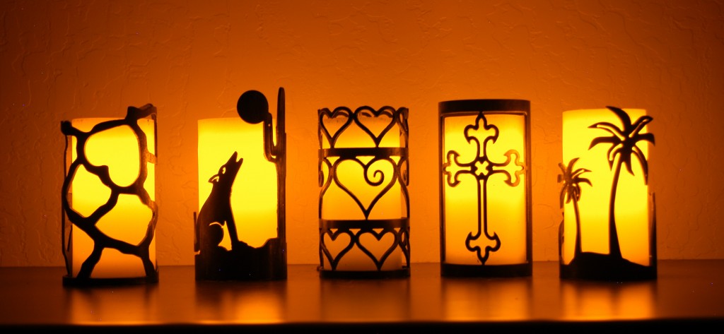 Giraffe print Coyote Hearts Cross Palm Tree candle holders